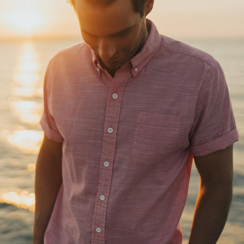 Slub Cotton Short Sleeve Button Down Shirt - Pink