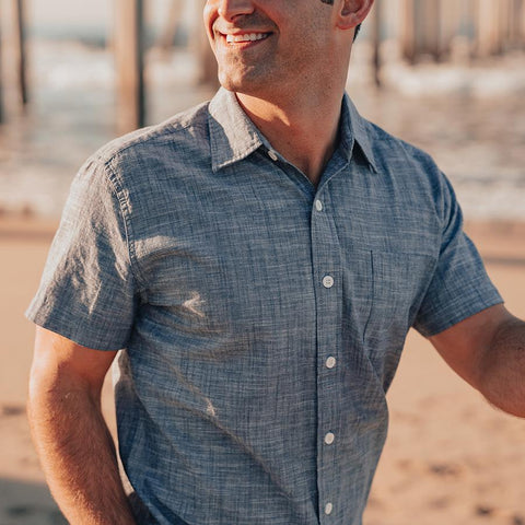 Slub Cotton Short Sleeve Button Up Shirt - Navy
