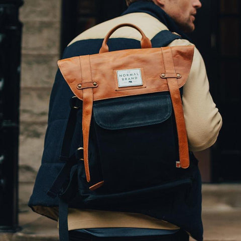 Top Side Leather Backpack - Navy