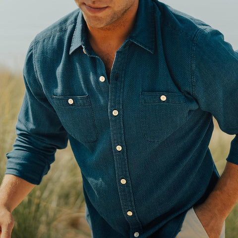 Indigo V Weave Button Up Shirt