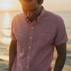 Slub Cotton Short Sleeve Button Up Shirt - Pink